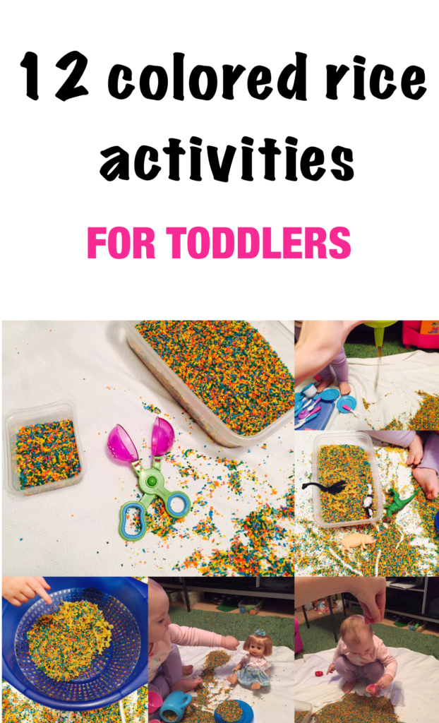 12 Colored rice activities, 12 colored rice play ideas, sensory activity, activities for one year old, montessori activities for a toddler, development promoting activities for toddlers, activities for 13 month old, activities for 14 month old, activities for 15 month old, activities for 16 month old, activities for 17 month old, activities for 18 month old, activities for a toddler, activities for one year olds, activities for two year olds