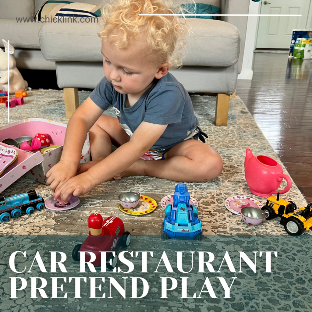 Car restaurant pretend play, pretend play, car activities, toddler games, toddler activities, activities for one year olds, activities for 2 year olds, activities for 1.5 year olds, things to do with young toddlers, things to do with 1 year olds, activities for 16 month olds