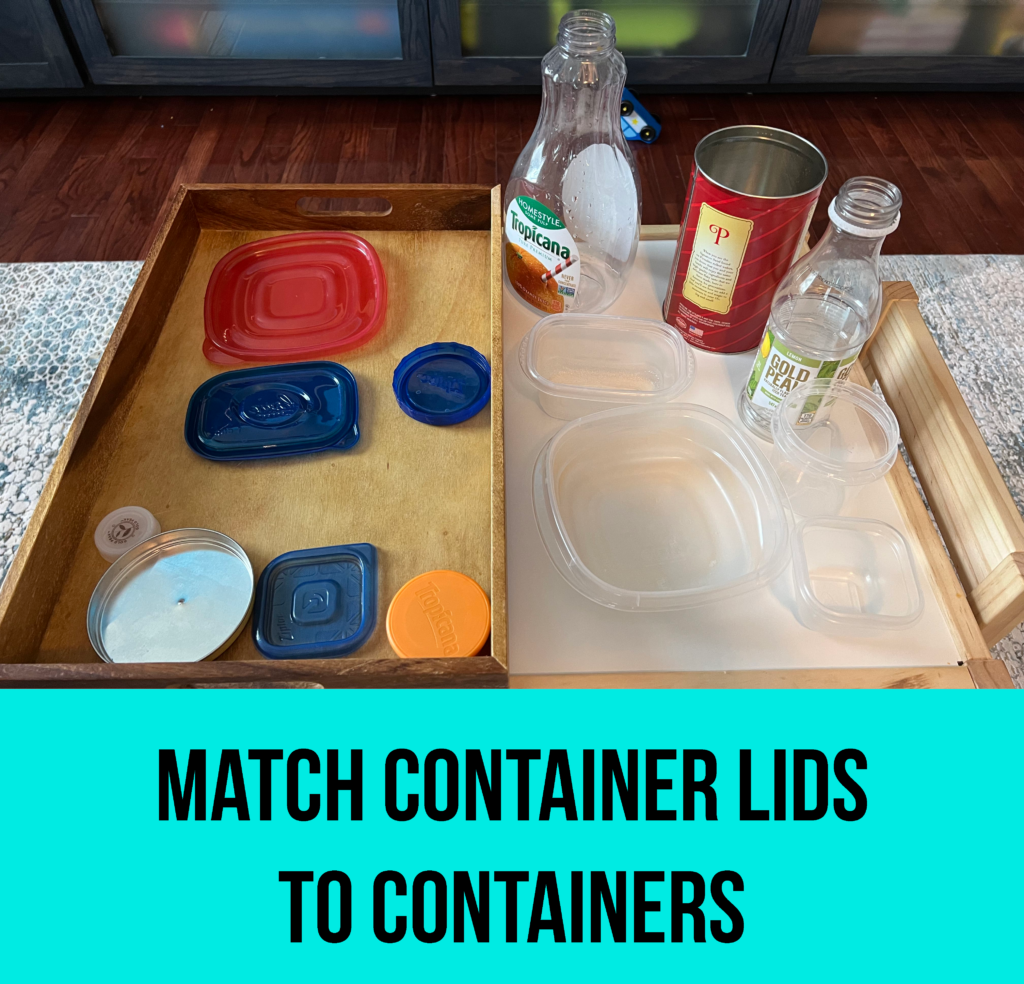 Match container lids to containers toddler activity, activities for one year olds, games for one year olds, games for toddlers, things to do with one year olds, activities for 18 month olds, activities for 1.5 year olds, things to do with toddlers, activities for 16 month olds