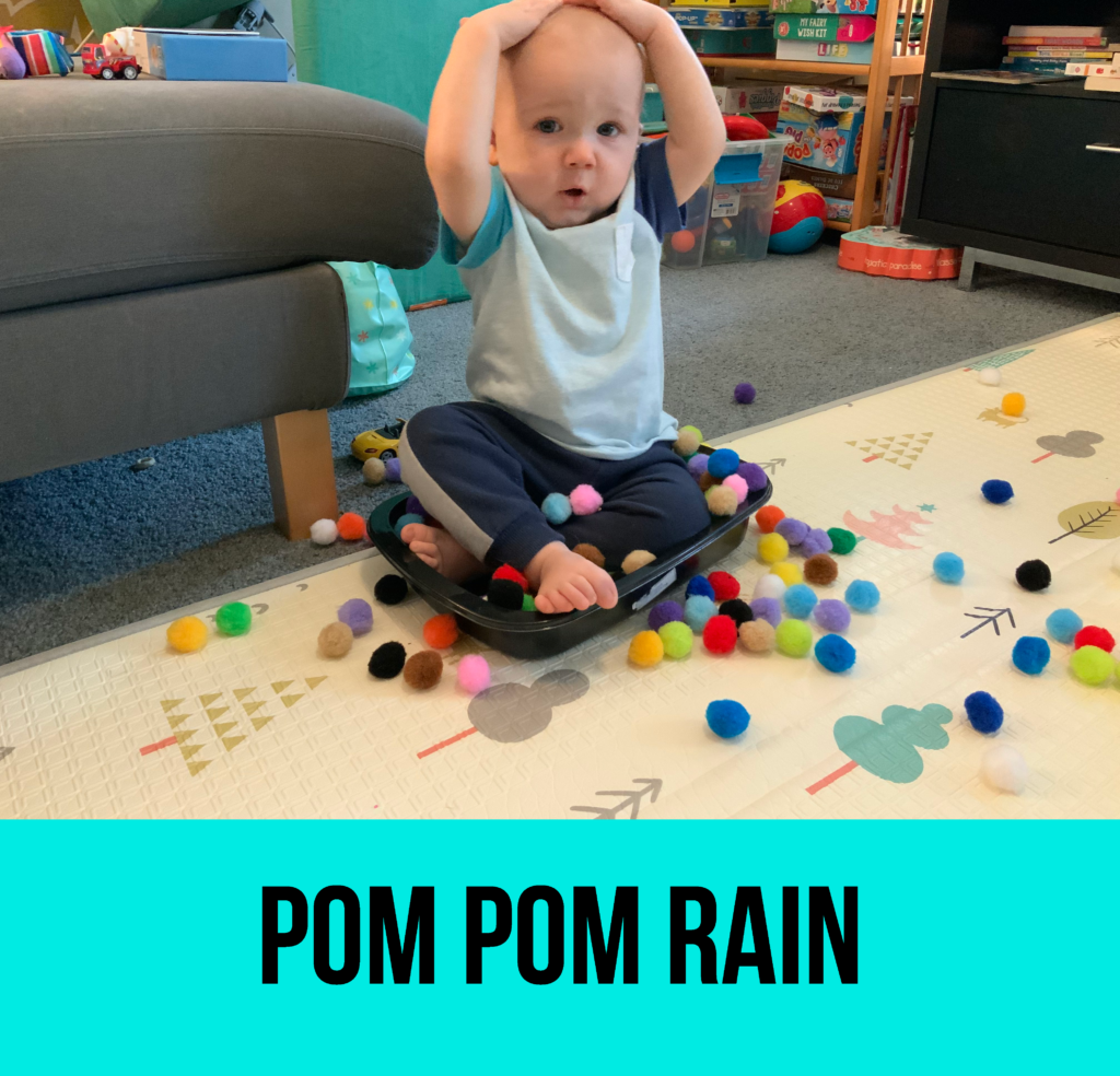 activities with pom poms, sensory play for toddlers, sensory play for babies, activities for one year olds, games for one year olds, things to do with one year olds, activities for 12 month olds, activities for 13 month olds, activities for 18 month olds, activities for 2 year olds, activities for 1.5 year olds, things to do with toddlers, activities for 16 month olds