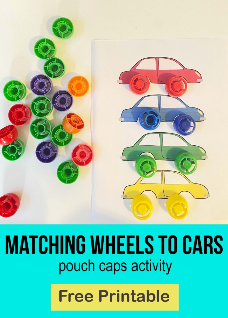 Match wheels to cars pouch caps activity, color match activities, pouch caps activities, pouch lids activities, pouch caps games, car games for toddlers, activities for 2 years old, activities for 20 month olds, activites for 22 month olds 