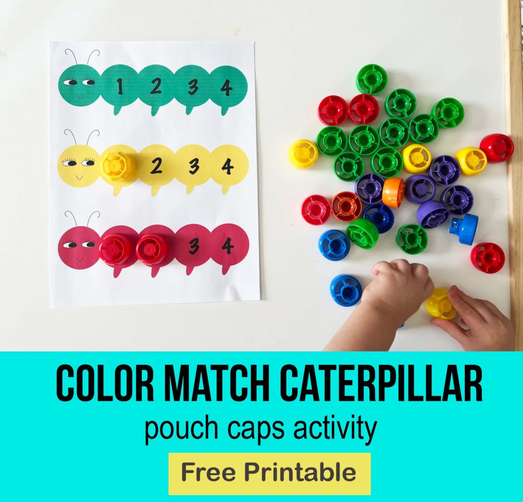 color match caterpillar, free printable, toddler printables, color match printables, color match activities, color match games, pouch lids activities, pouch lids games, pouch caps activities, games with pouch caps, toddler activities, activities for 21 month olds, activities for 2 year olds