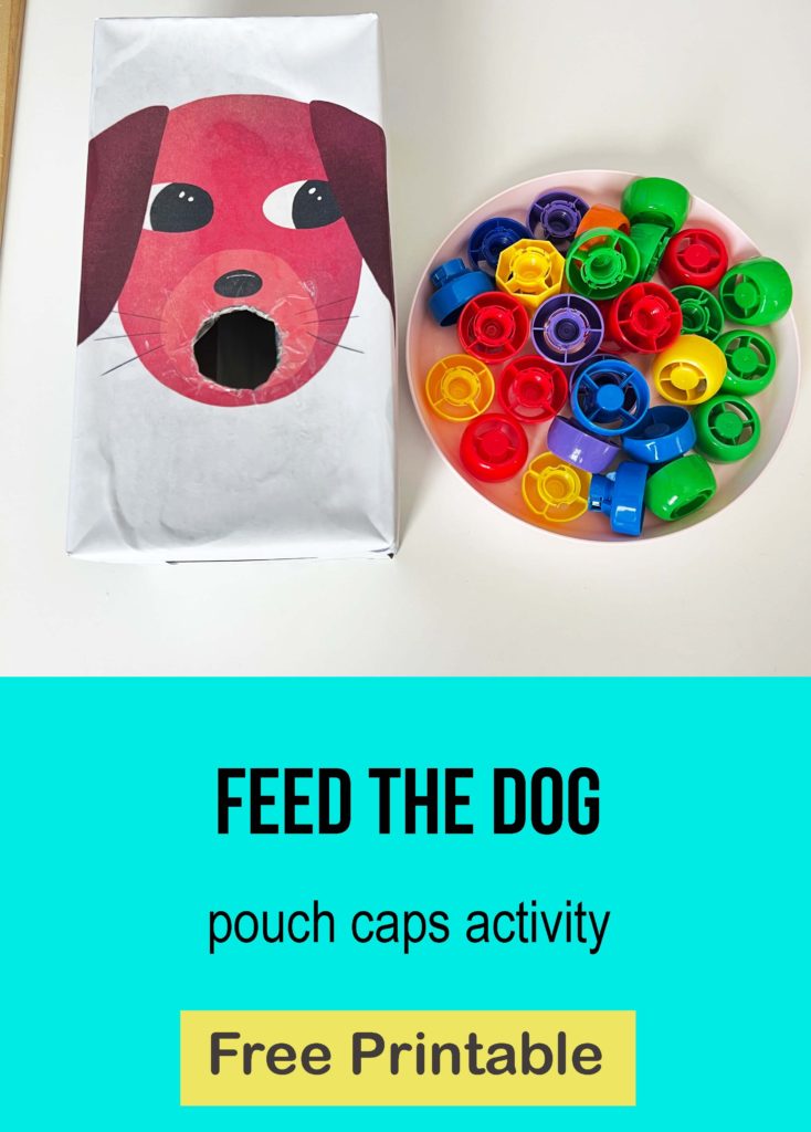Feed the dog with pouch caps, dog printable, toddler printables, free printables, activities for 18 month old, activities for 19 month old, games for 20 month old, toddler games, games with puree pouch lids