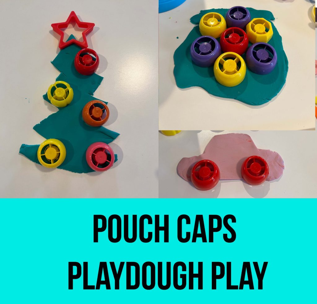 pouch caps playdough play, playdough play ideas, playdough art, toddler playdough play, pouch caps activities, pouch tops games, activities for 2 year old, activities for 22 month old, activities for 23 month old, activities for 2.5 year old