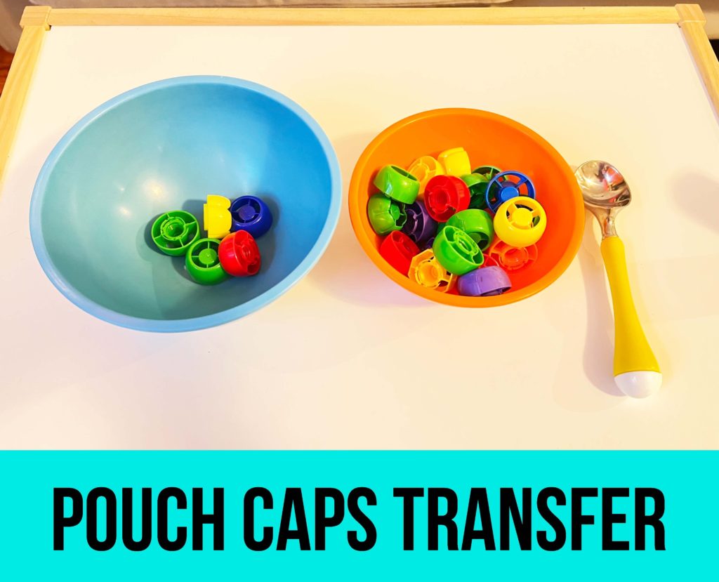 pouch caps transfer with a scoop, pouch lids transfer, pouch tops games, pouch caps activities, games for 1 year olds, games for 2 year old, activities for 1,5 year old