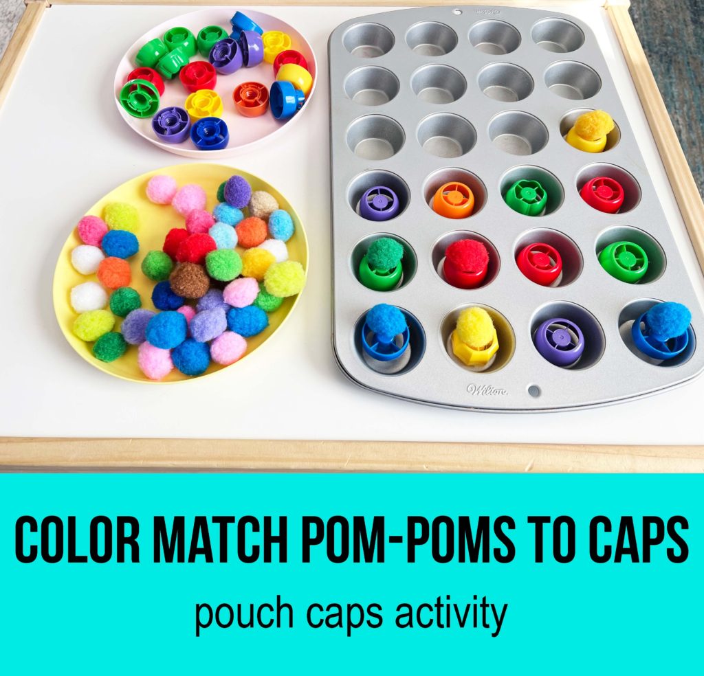 color match pompoms to pouch caps. color match games, pouch tops activities, pouch tops games, color matching toddler games
