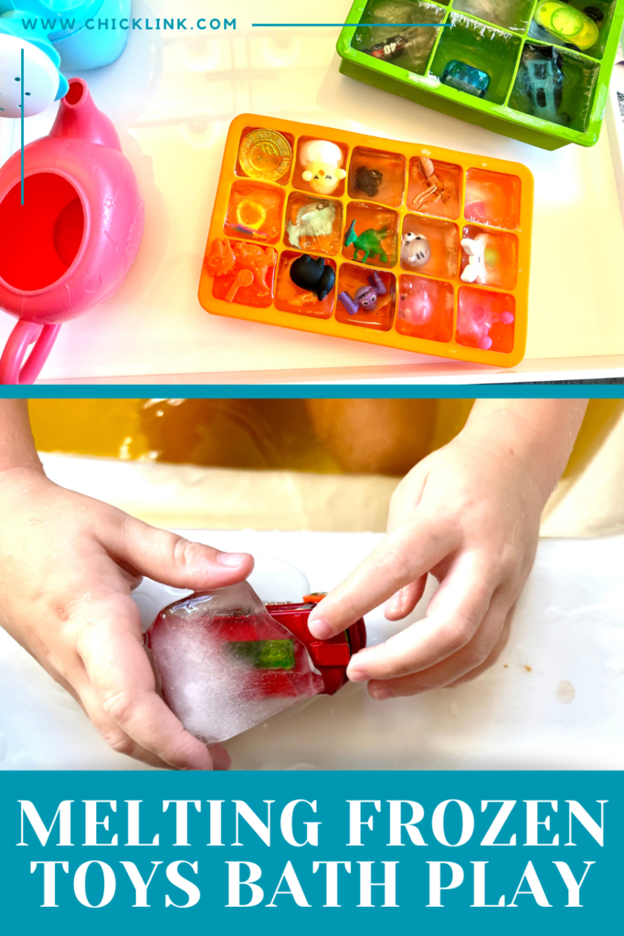 melting ice bath play, melting frozen toys bath play, melting frozen toys, bath play, bath activities, bath time, bath time activities, bath time fun, bath activities for kids, things to do in the bath with kids, bath play ideas