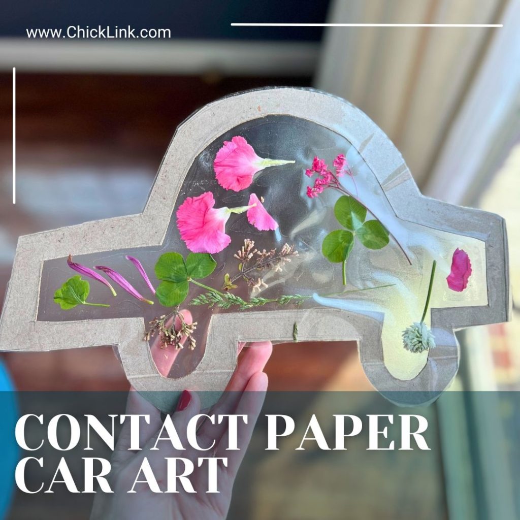 Pressed Flowers Contact Paper Car Craft, car crafts, car play, car activities, car themed play ideas, car themed crafts, car activities for toddlers, car activities for kids, toddler crafts, pressed flower crafts, toddler activities