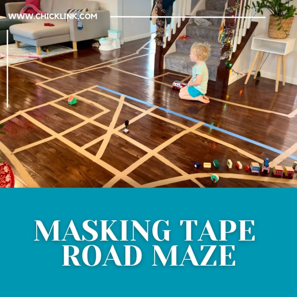 Masking tape road maze, car activities, car play ideas, car play, car themed activities, toddler activities, kids activities, kids play ideas at home, transportation activities, transportation play ideas